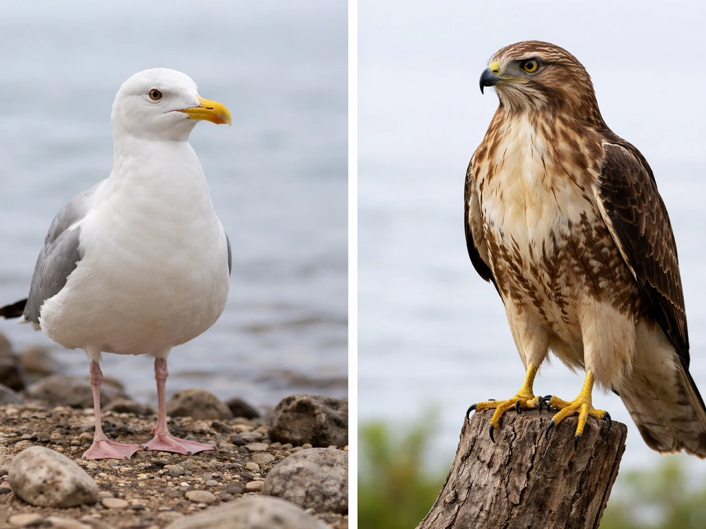 Seagull on rocky shore beside a perched hawk, both showing contrasting feet and posture.