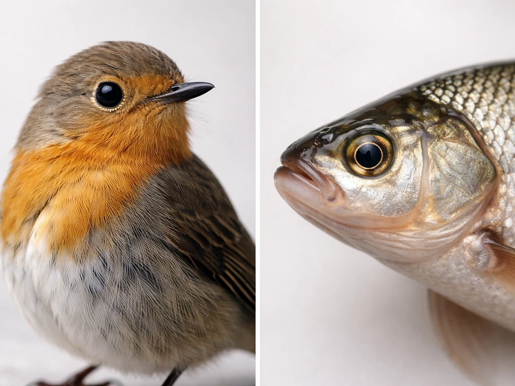 Split image: a feathered bird on the left and a scaled fish on the right against a neutral background.