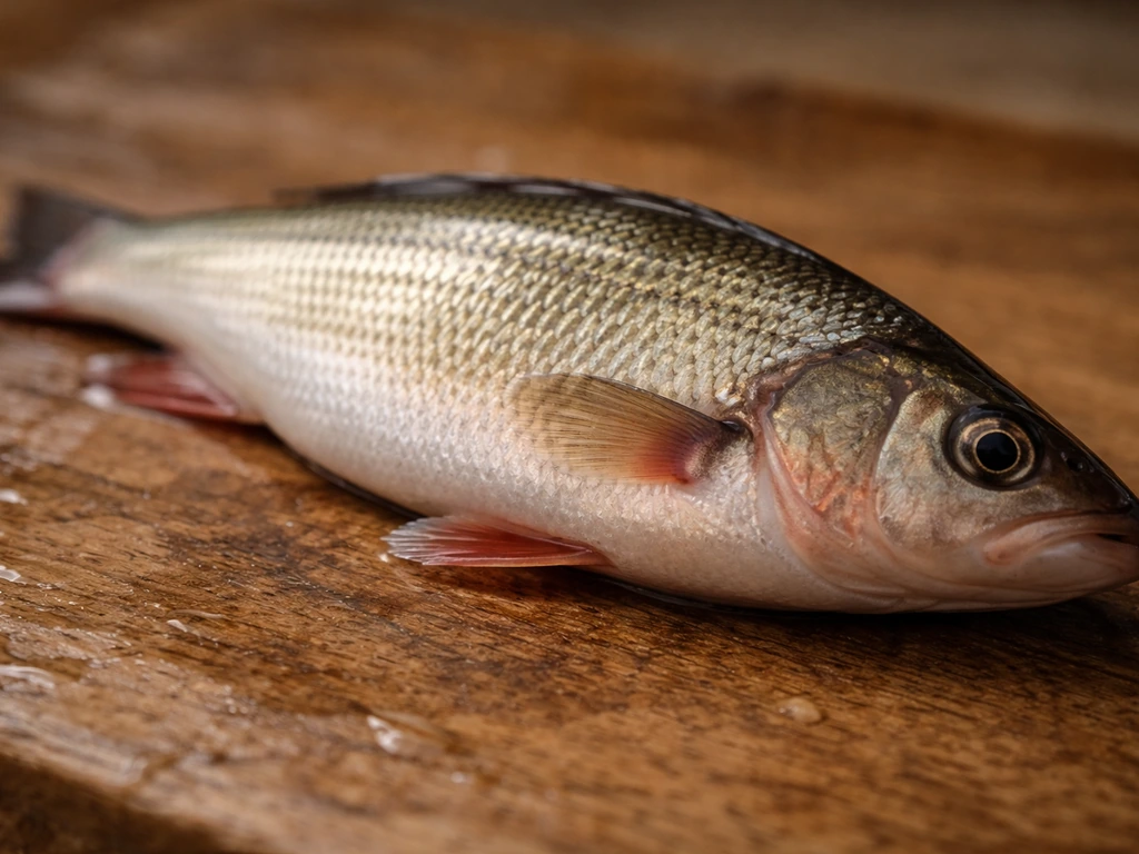Close-up of a fish body on wet wood showing scales, fins, and gills in clear view.