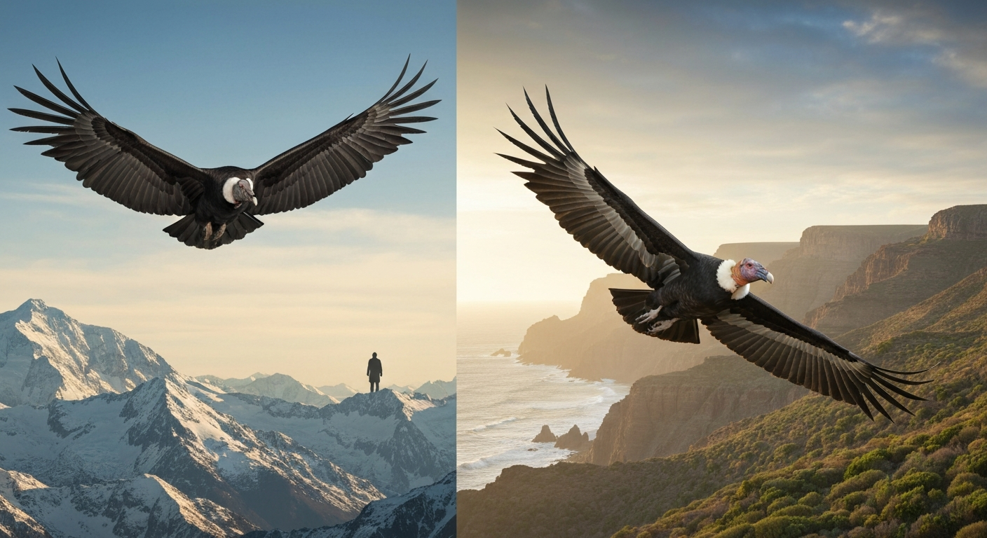 Andean and California condors soaring over mountains and a canyon, showing large wingspans and bald heads