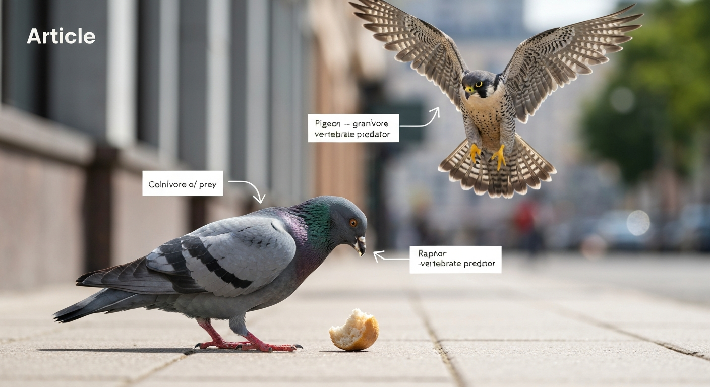 Rock pigeon pecking at food on a city sidewalk with a peregrine falcon stooping above; infographic labels identify the pigeon as a granivore/prey and the falcon as a raptor/predator.
