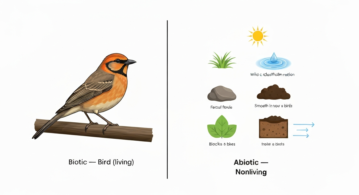 Educational split-panel infographic: left shows a bird labeled 'Biotic — Bird (living)'; right shows abiotic examples (sun, water, rock, soil, air) labeled 'Abiotic — Nonliving'.