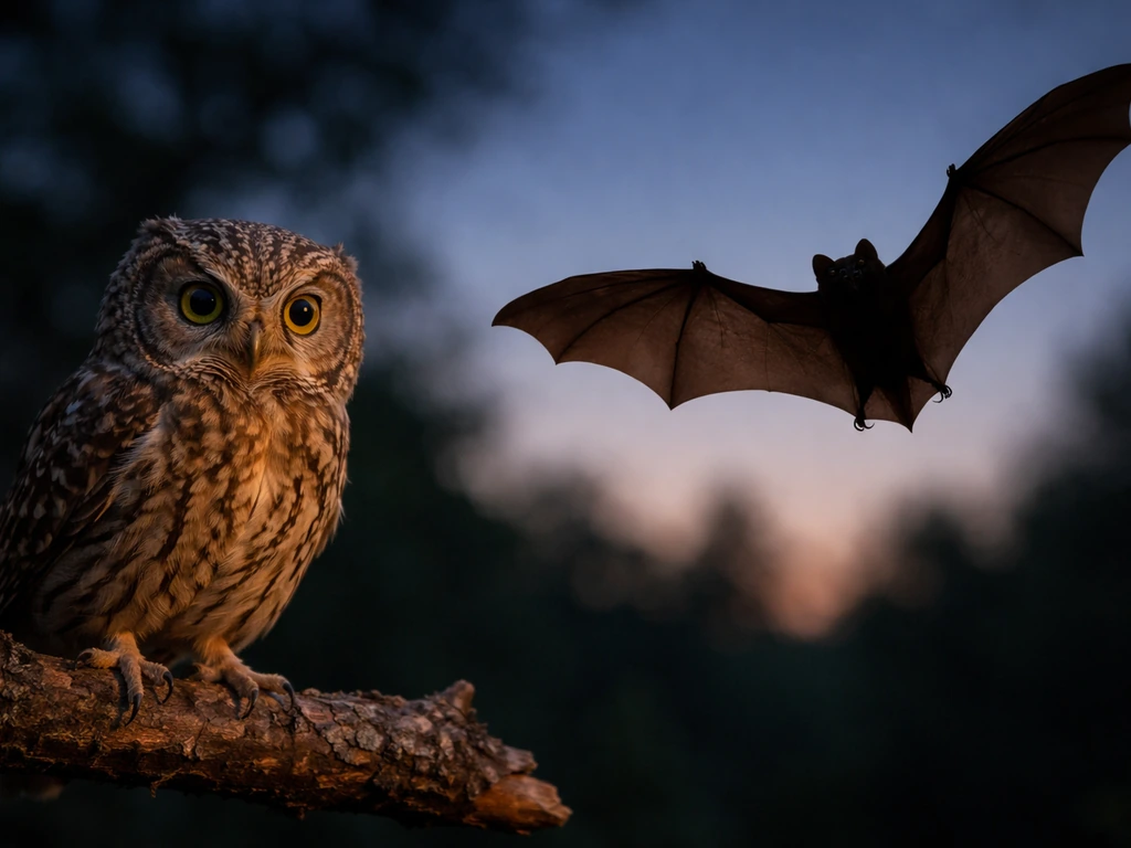An owl perched beside a bat in a dark dusk setting, side-by-side to show the differences.