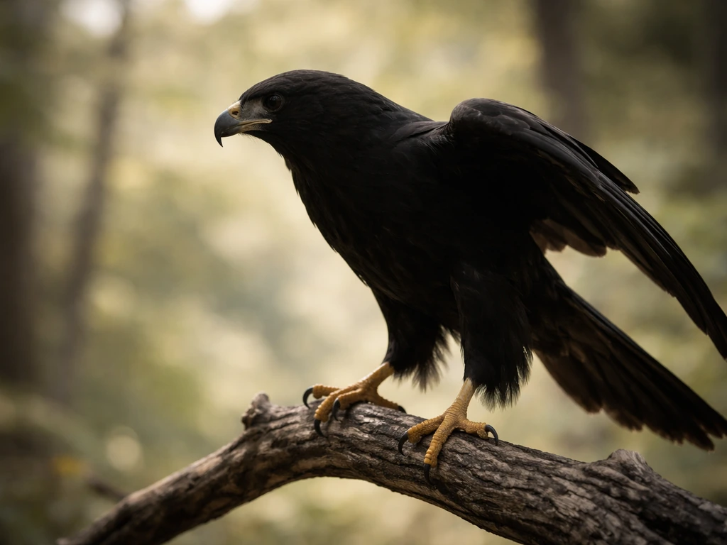 Anonymous bird of prey perched on a branch, showing hooked beak and gripping talons in natural light.