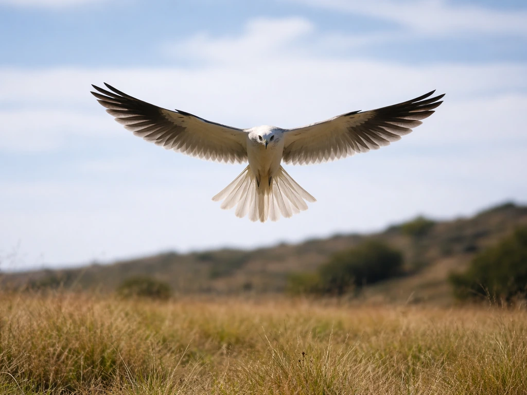 White-tailed kite hovering over open grassland, wings out and tail visible against the sky.