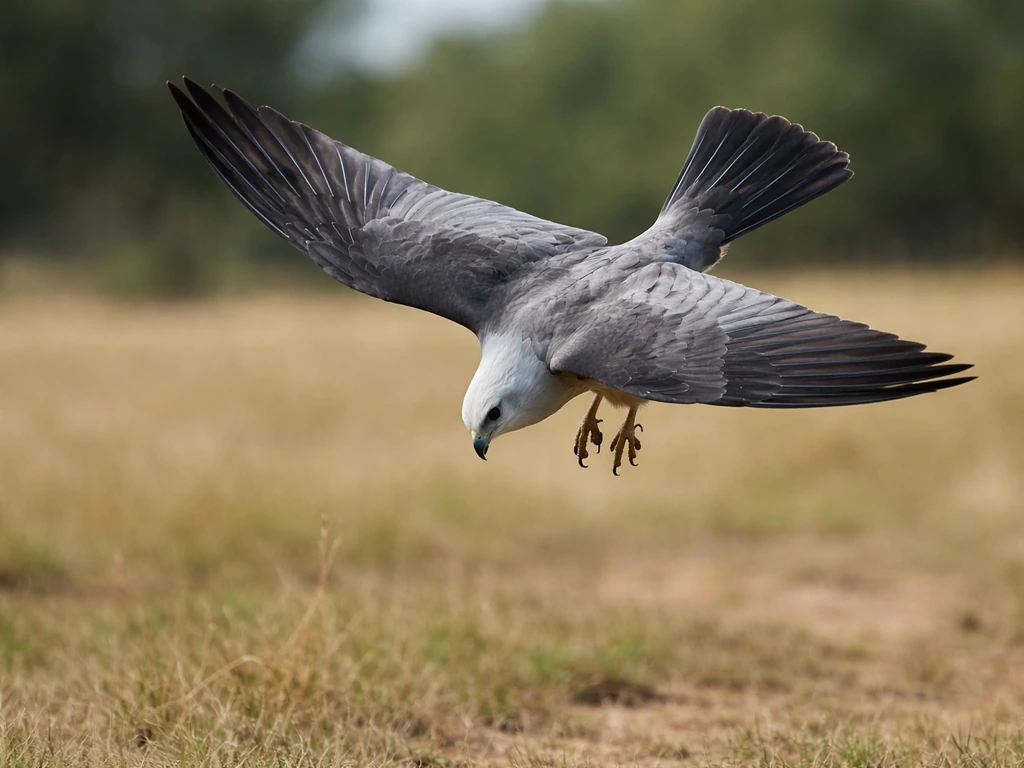 Mississippi Kite hovering over open ground, gliding into a hunting dive