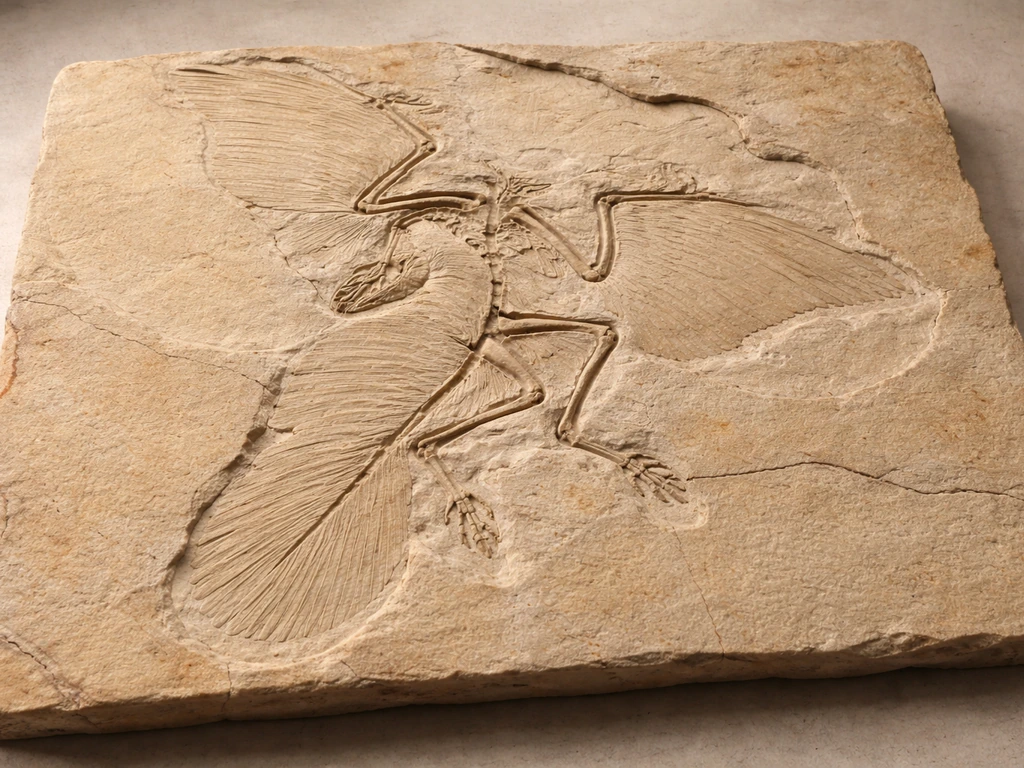 Close-up of a Solnhofen Limestone fossil slab showing an Archaeopteryx impression with feathered wings and tail.
