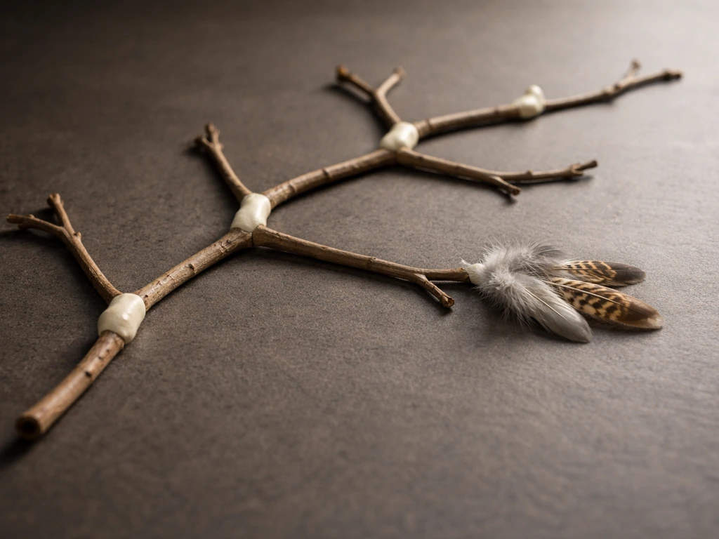 Minimal tabletop model showing a branching split between early stem birds and modern crown birds with feather hints.