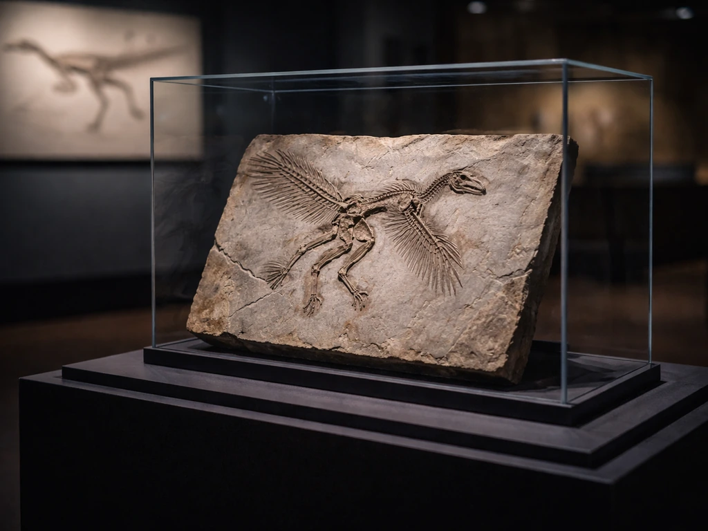 Museum glass case showing a feathered paravian dinosaur fossil similar to Anchiornis huxleyi.
