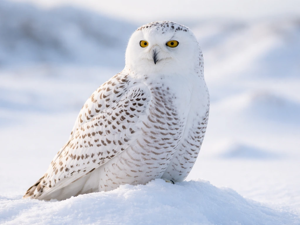 Close-up of a snowy owl perched on snow in an Arctic-like landscape.