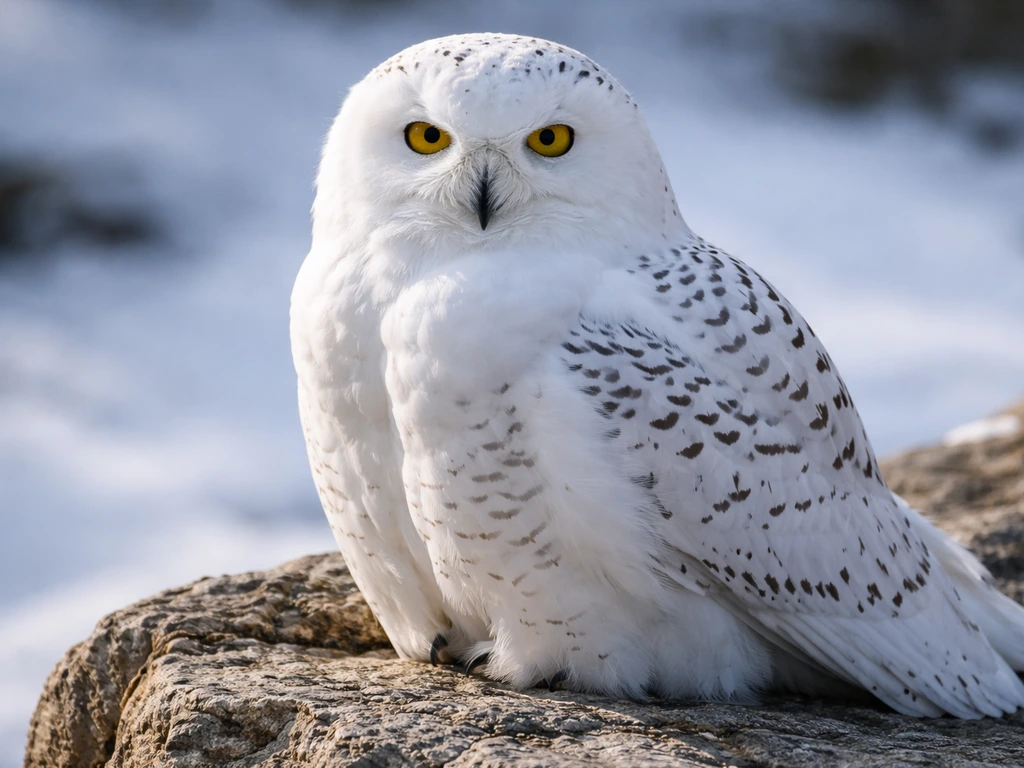 Close-up of a snowy owl perched with detailed white plumage and visible feathers in natural light.