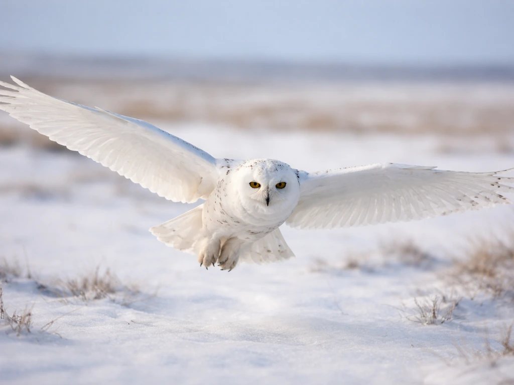 Snowy owl gliding over open tundra with wings spread, showing detailed wing shape.
