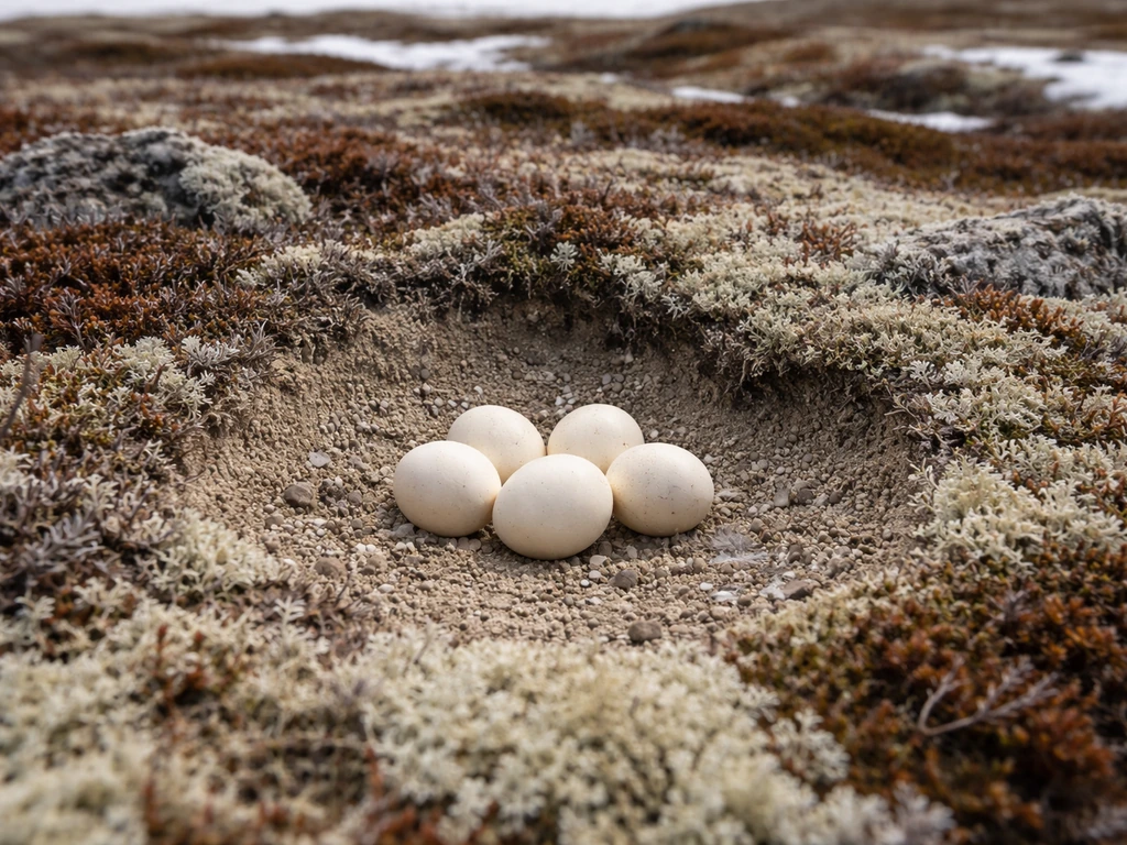 Snowy owl eggs in a shallow nest hollow on Arctic tundra ground, with no people visible.