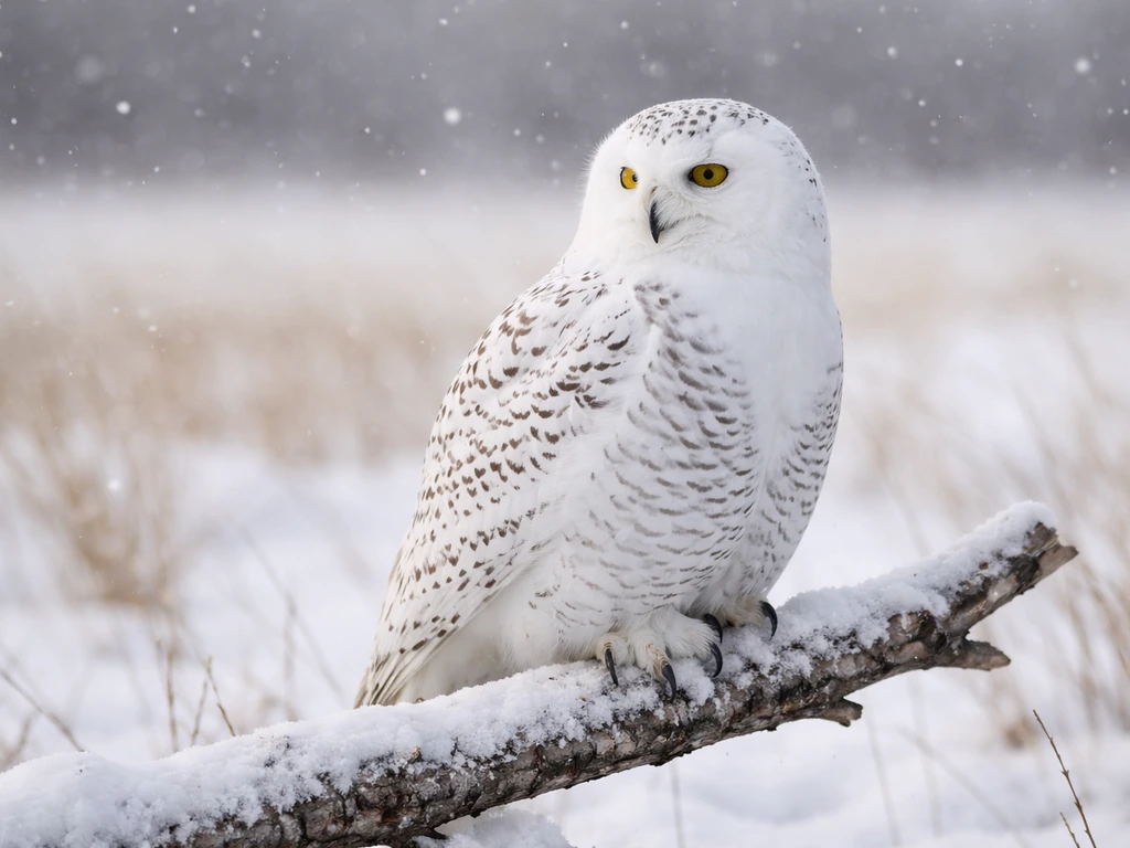 Snowy owl perched on a snow-dusted branch, showing pale plumage and subtle dark markings in winter field.
