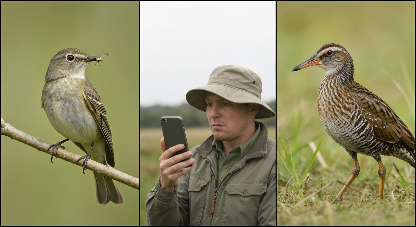 Triptych: Willow Flycatcher on a willow branch, a person searching on a phone, and a Sora rail standing among marsh reeds.