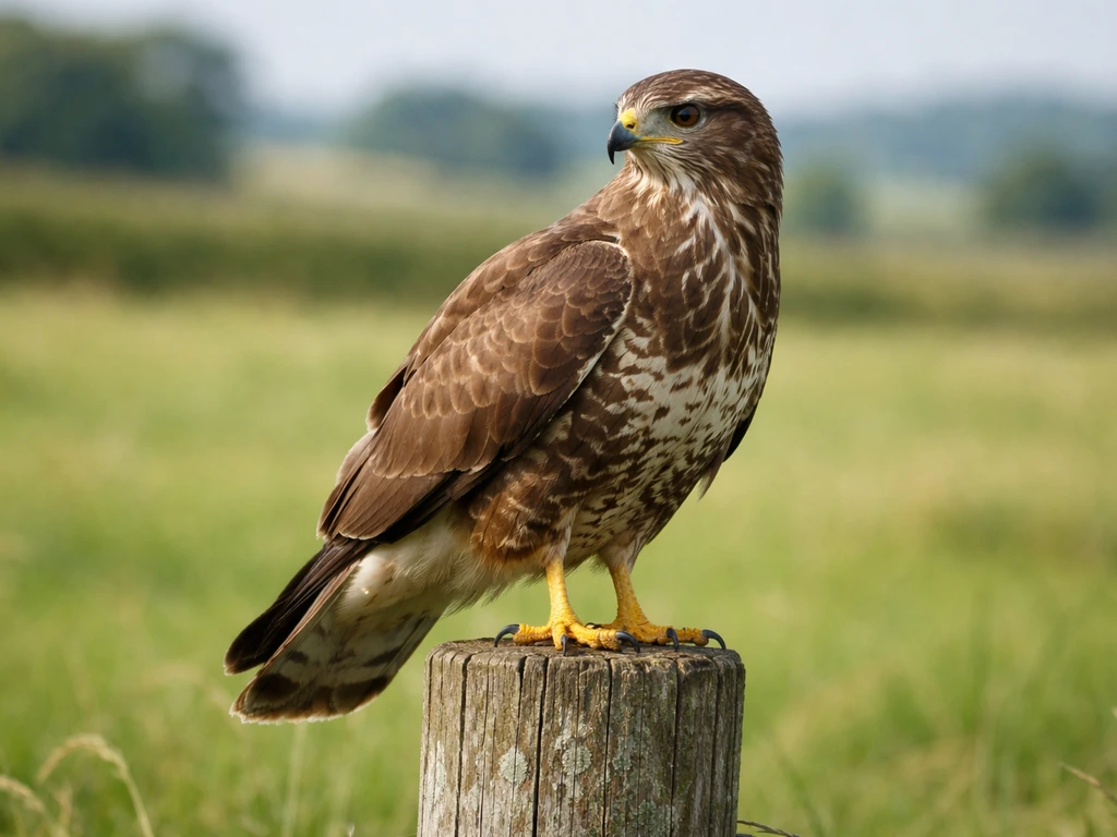 Buzzard perched on a countryside fence post with mottled brown plumage in clear natural light.