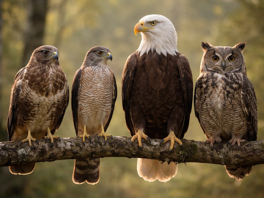 Four raptors on a calm branch: buzzard, hawk, eagle, and owl side-by-side for comparison