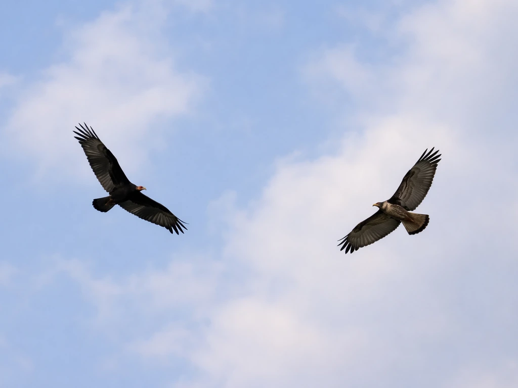 A Turkey Vulture and a hawk-like raptor soaring in sky, showing the vulture’s pronounced wing V posture.