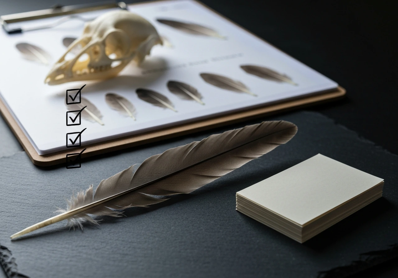 Close-up of a bird feather with blank notes and empty checkboxes to suggest verifying if something is a bird.