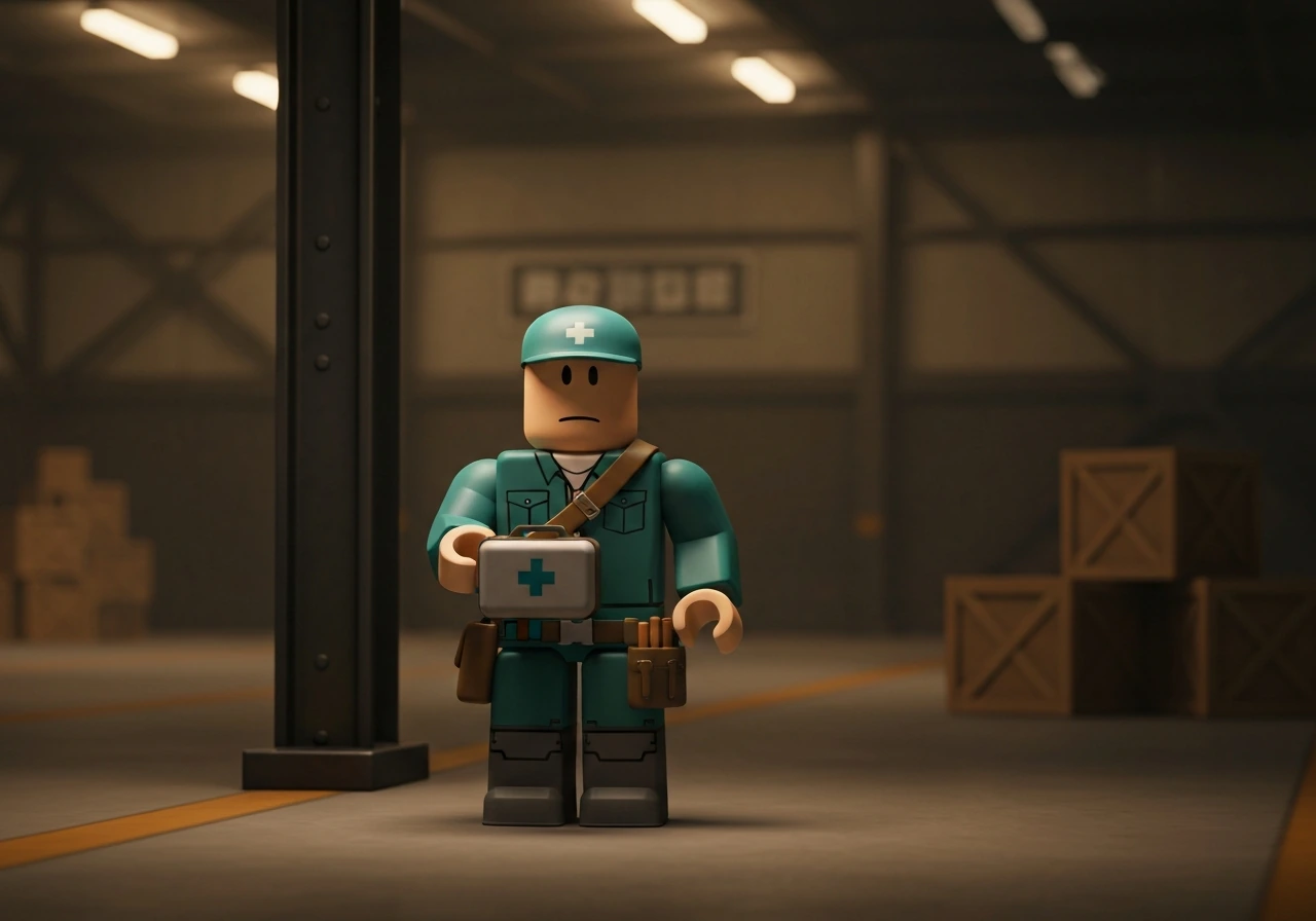 Anonymous fictional Roblox-style support character holding a medkit in a dim hangar.