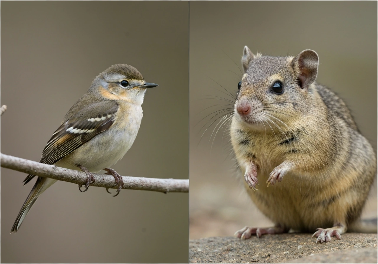 Close-up side-by-side of a small bird on the left and a non-bird mammal on the right, showing feathers vs fur.