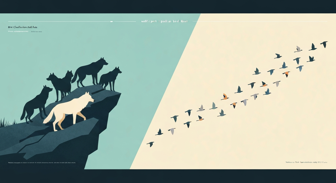 Stylized editorial illustration: a wolf pack on the left and a flock of birds on the right, arranged to visually suggest the analogy 'wolf is to pack as bird is to flock'.