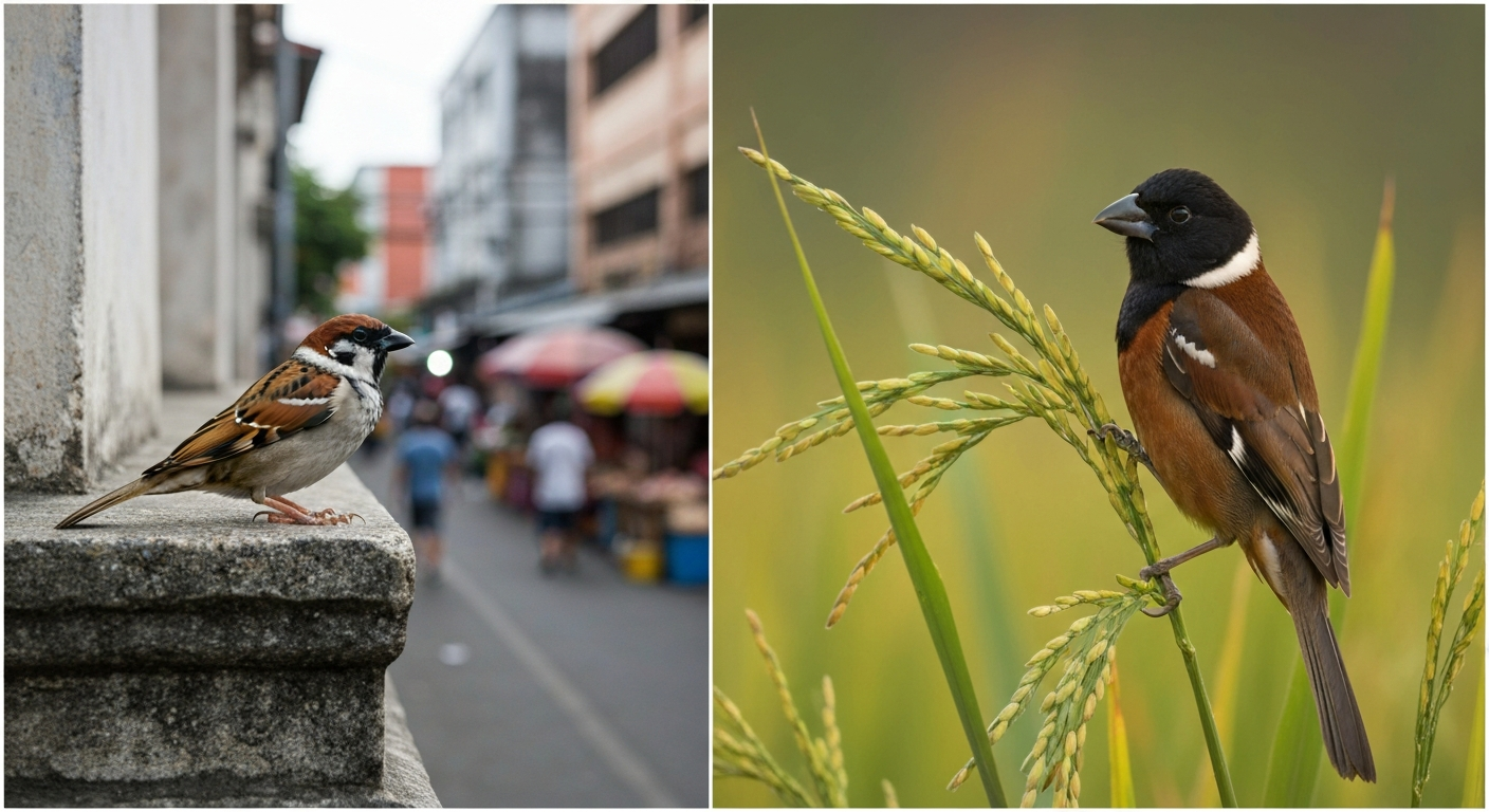 Side-by-side photorealistic image: Eurasian Tree Sparrow perched on an urban church ledge (left) and Chestnut Munia on a rice stalk in a field (right), showing key field marks.