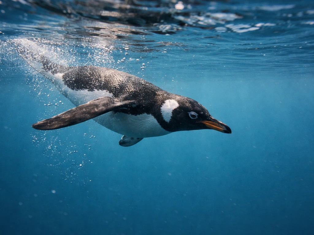 A single penguin swims underwater hunting marine life in clear ocean light.
