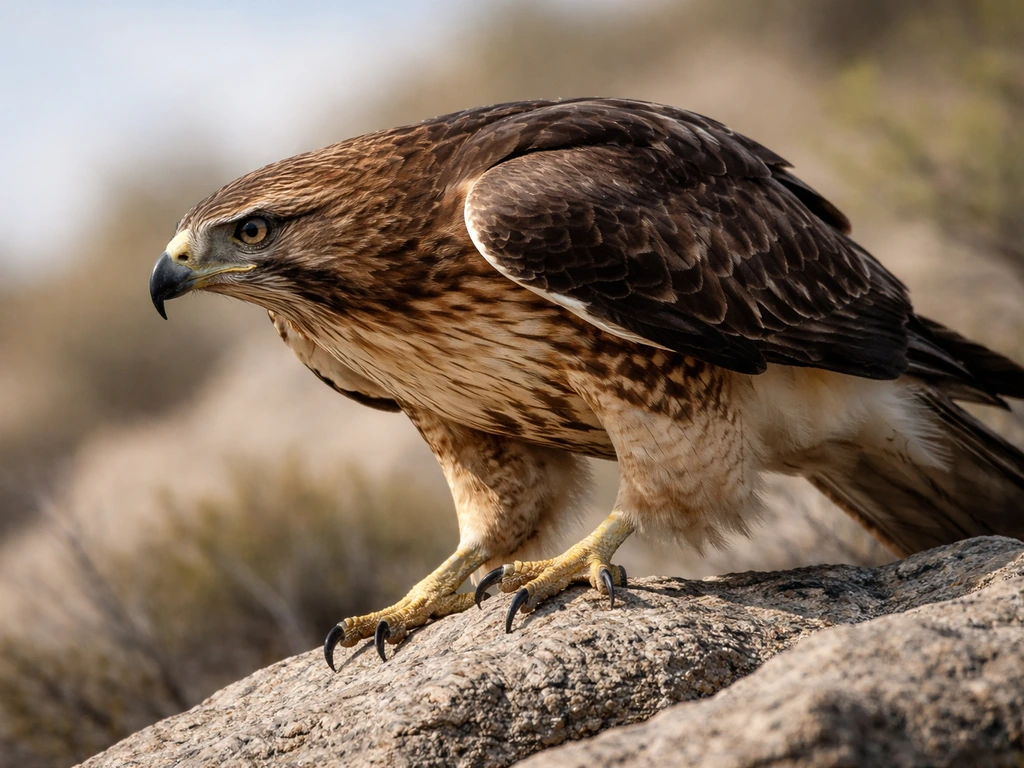 Close-up of a perched hawk with hooked beak and talons in a hunting posture.