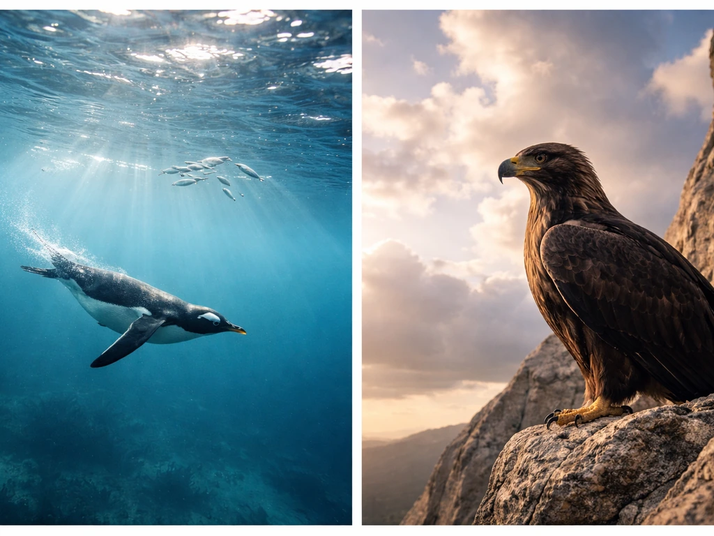 Split scene: penguin swimming after fish underwater and raptor hunting from a high perch.