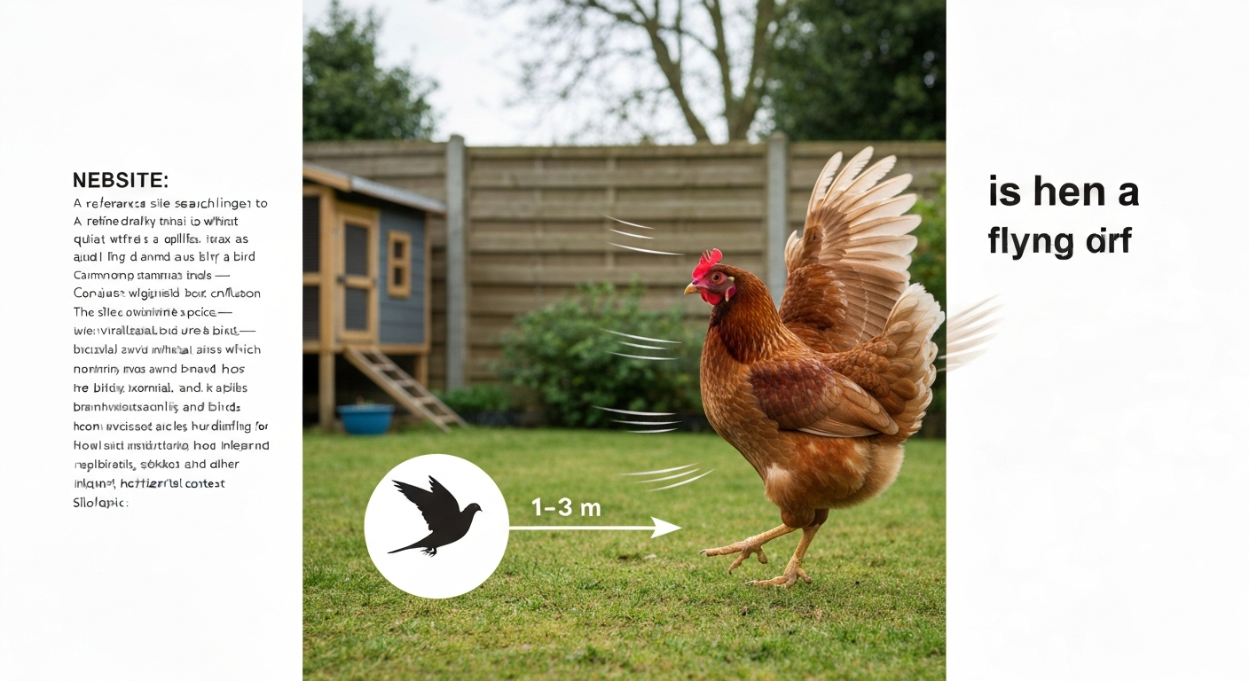 Photorealistic illustration of a domestic hen making a short burst of flight toward a low roost, inset silhouette comparing a pigeon in sustained flight.