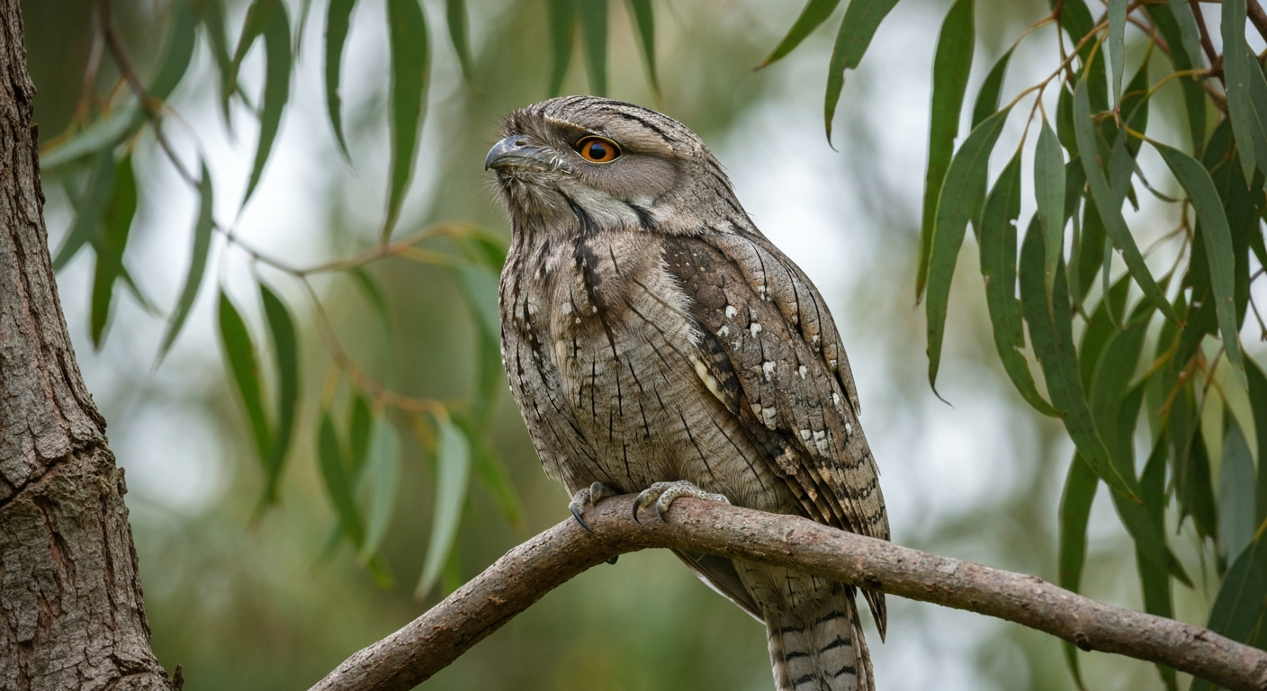 Tawny frogmouth camouflaged on a tree branch with its bill tilted upward.