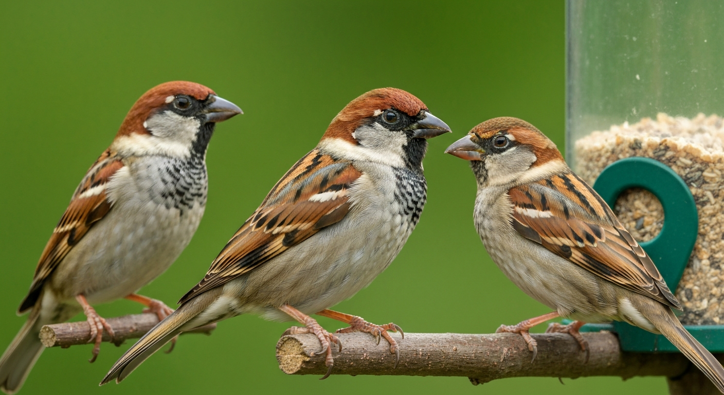 Male and female House Sparrows perched on a branch, showing conical beaks and typical plumage.
