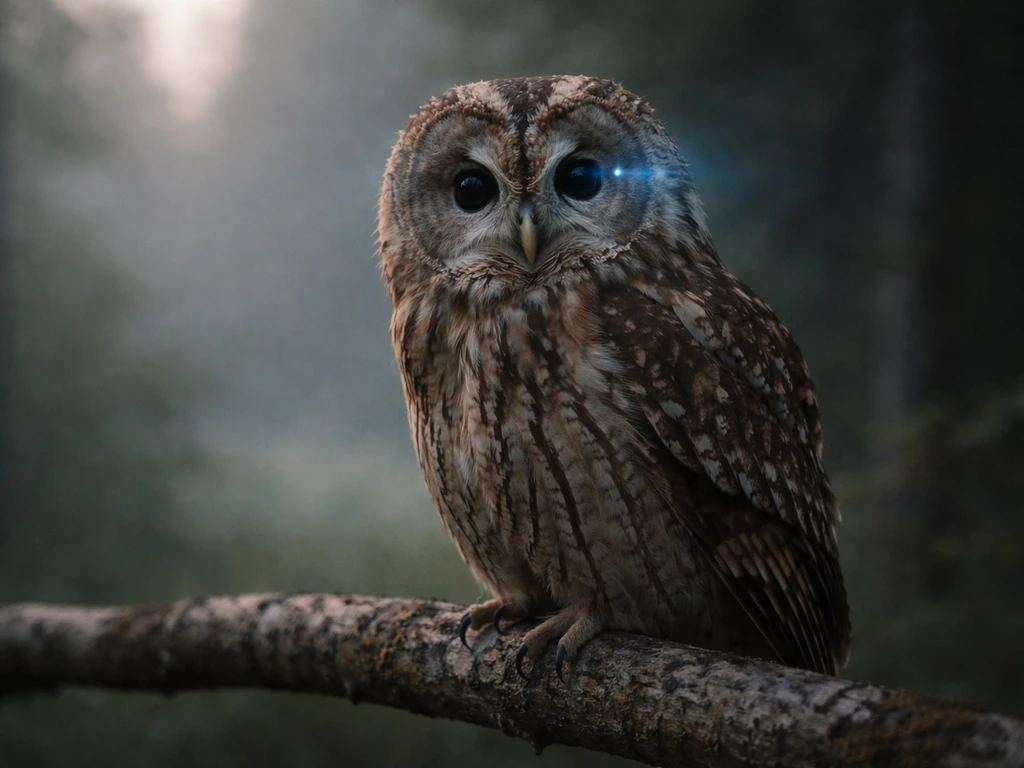 Tawny owl perched in dawn light with a faint blue glow suggesting perception of blue wavelengths