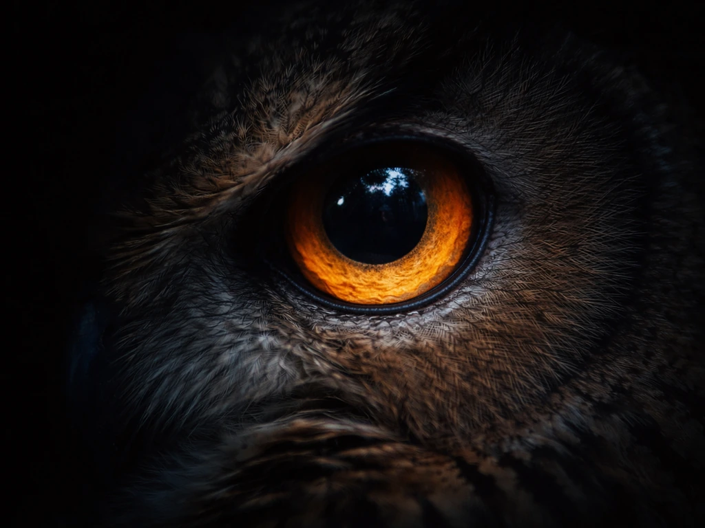 Close-up inset of an eagle-owl eye with a soft blue glow suggesting blue-range light processing