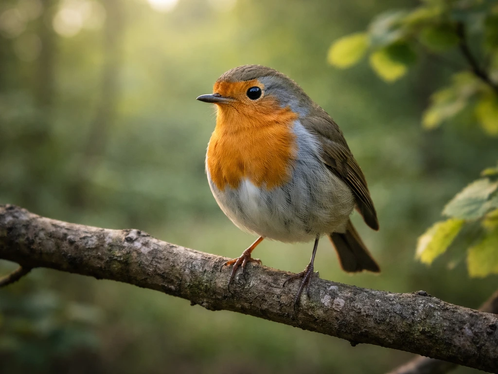 European robin perched on a branch in soft woodland light with a blurred green background.