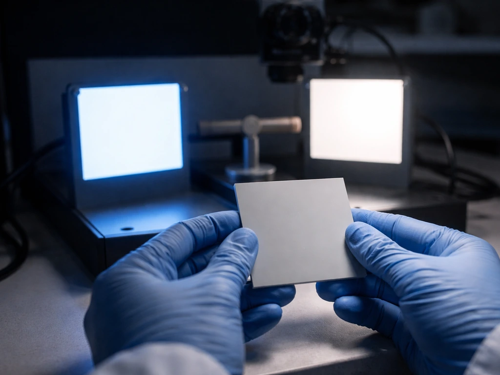 Researcher in a dark lab setting examines a small bird-eye apparatus with blue and control lighting