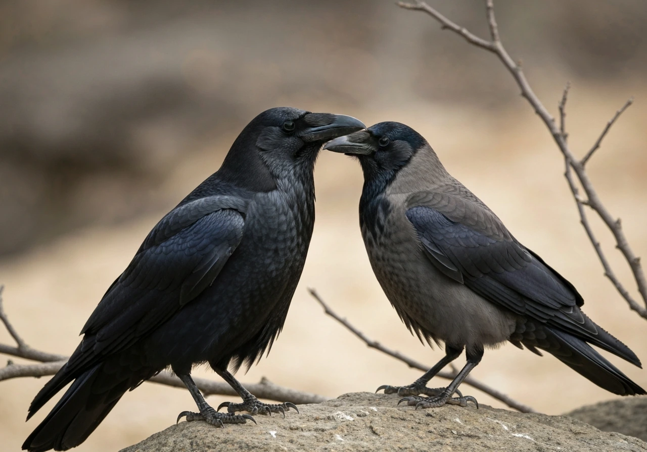 Close-up of a raven and a crow together on rocks with different shapes and feather textures.