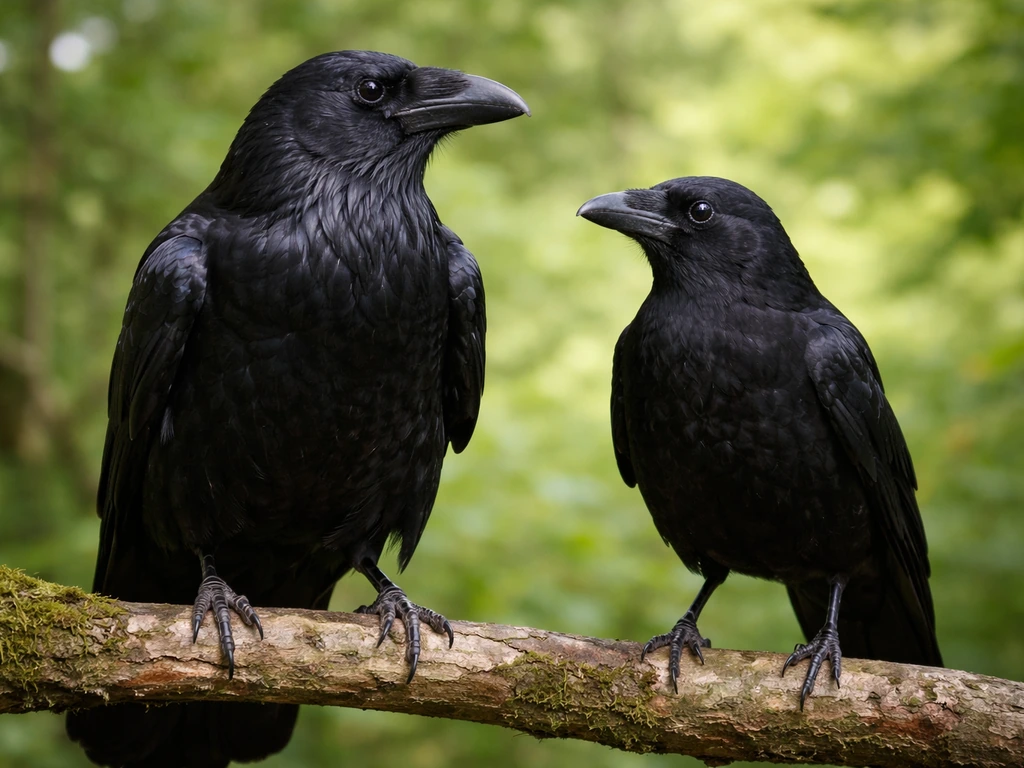 A raven and a crow perched side by side on a branch, showing clear size and shape differences.
