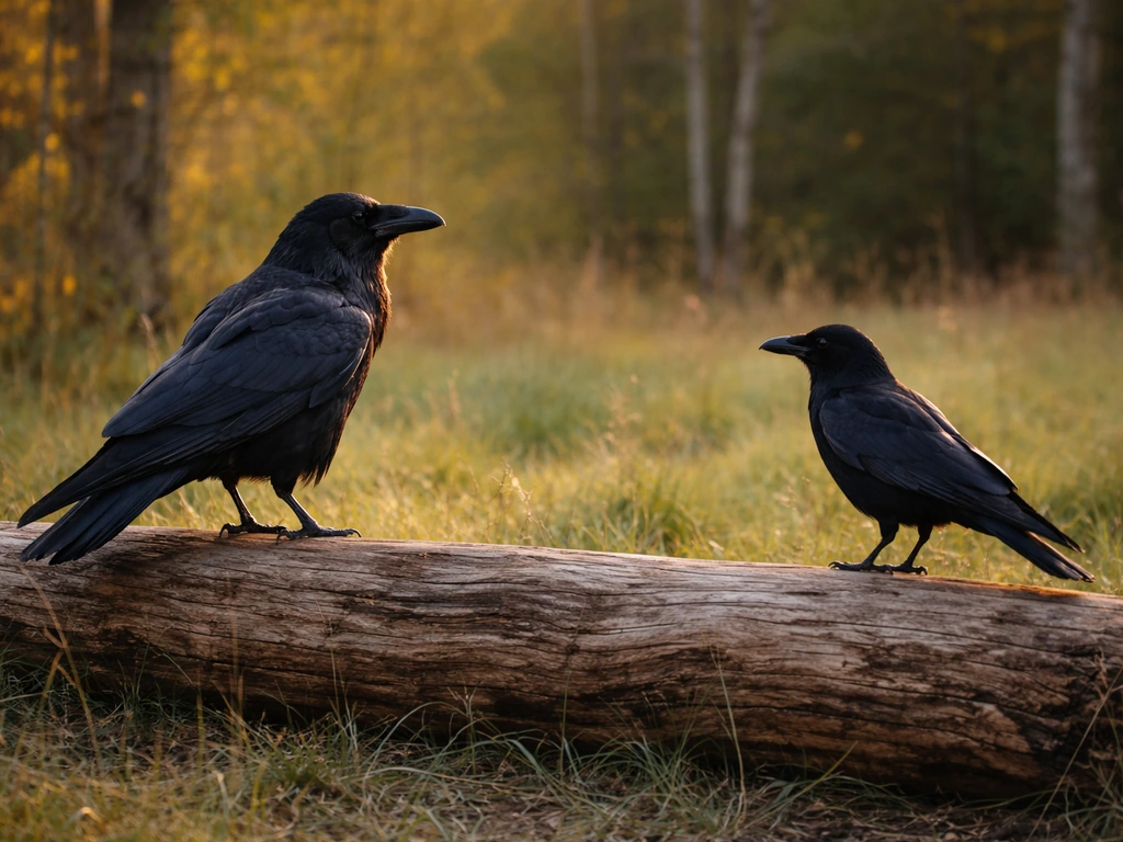 Two corvids perched on a log in a forest edge, showing a larger raven-like bird and a smaller crow-like bird.