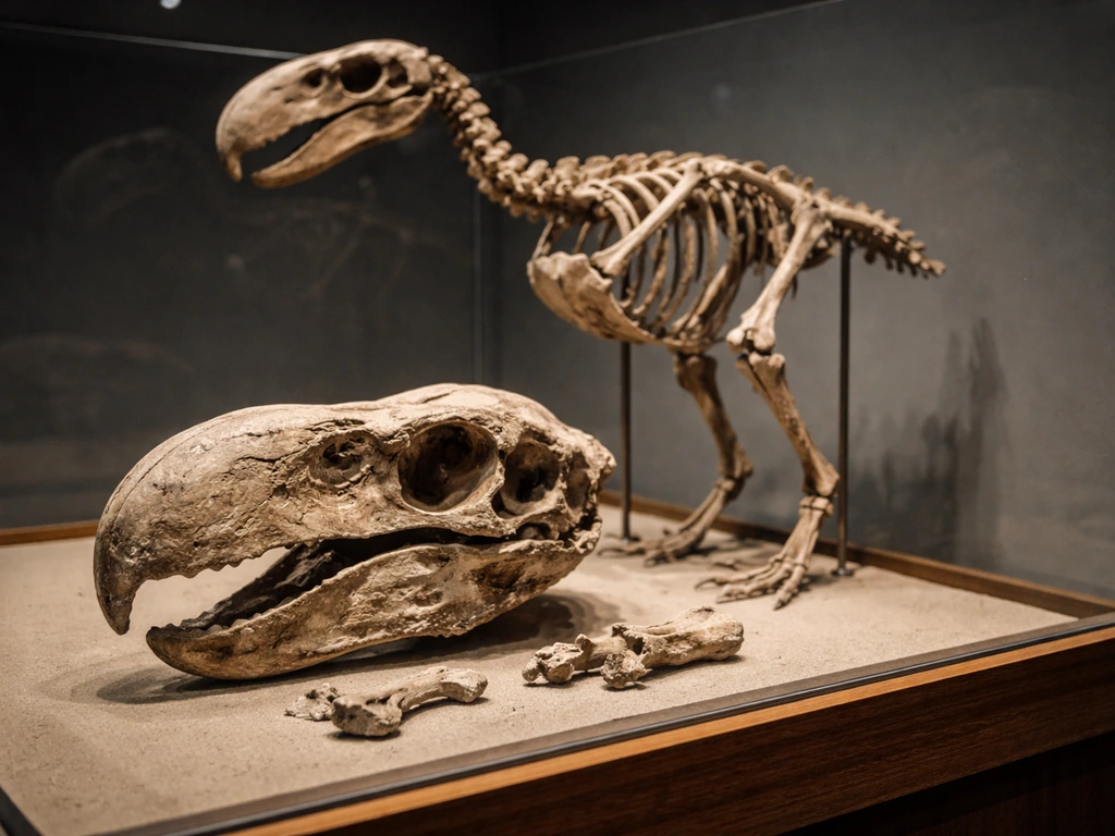 Museum display of a terror bird fossil skull and bones in a paleontology exhibit.
