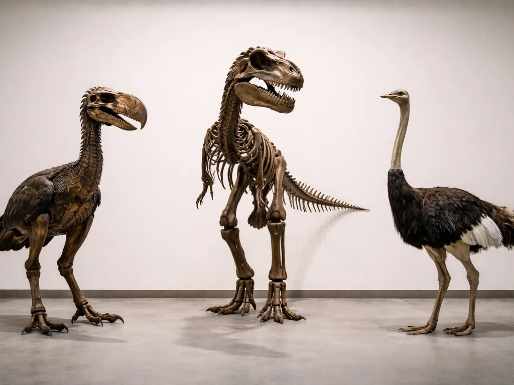 Three museum-style mounts side by side: a terror bird, a large non-avian dinosaur, and a modern ground bird.