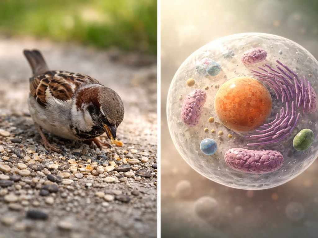 Small bird eating seeds next to a realistic animal cell close-up without a rigid cell wall