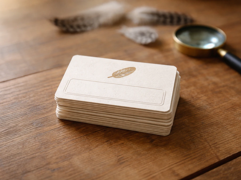 Minimal tabletop photo suggesting taxonomy with blank hierarchical cards and a bird feather element.