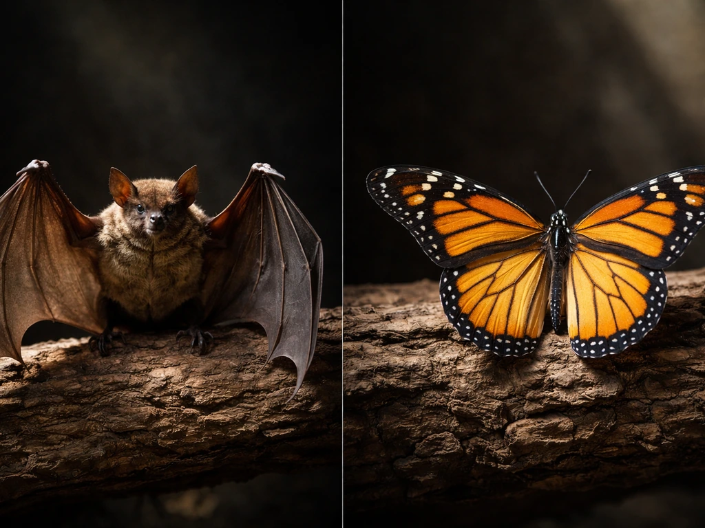 A bat and a butterfly on a simple dark background, showing skin wings vs scaled wings.