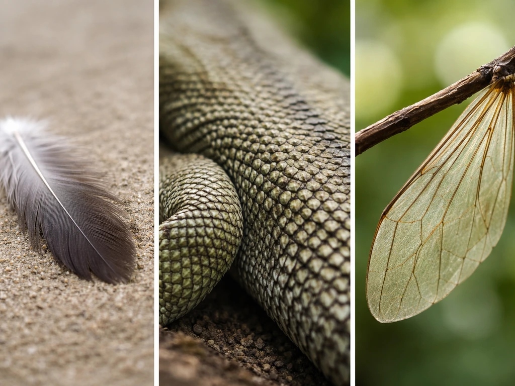 Close-up feather beside scales and a membrane wing to visually distinguish birds from other animals.